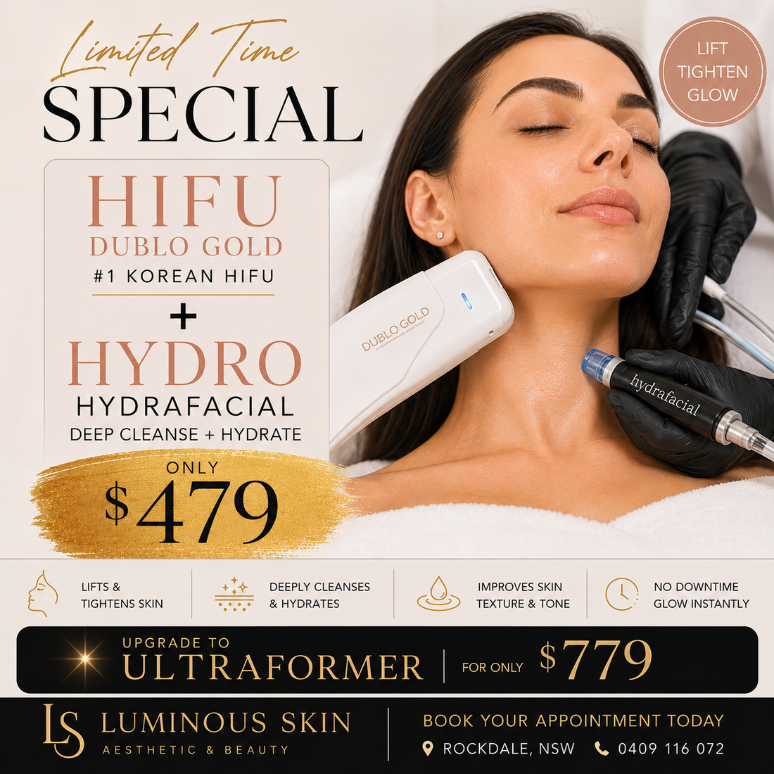 DUBLO GOLD HIFU + HydraFacial full face and Neck