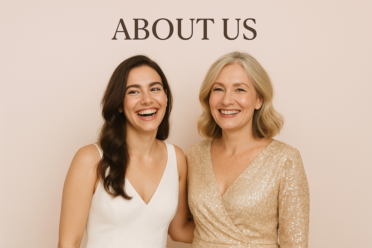 about us page 2 happy women light pink backgroud wearing white and gold sparkly dress