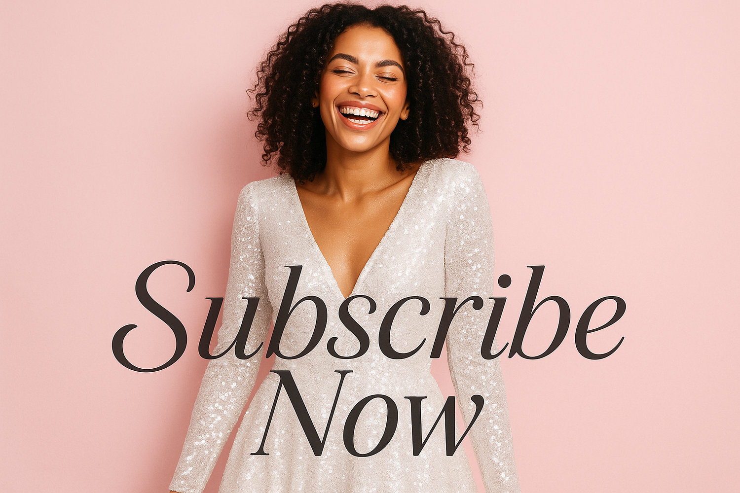 happy lady pink backgound white sparkly dress subscrbe noow