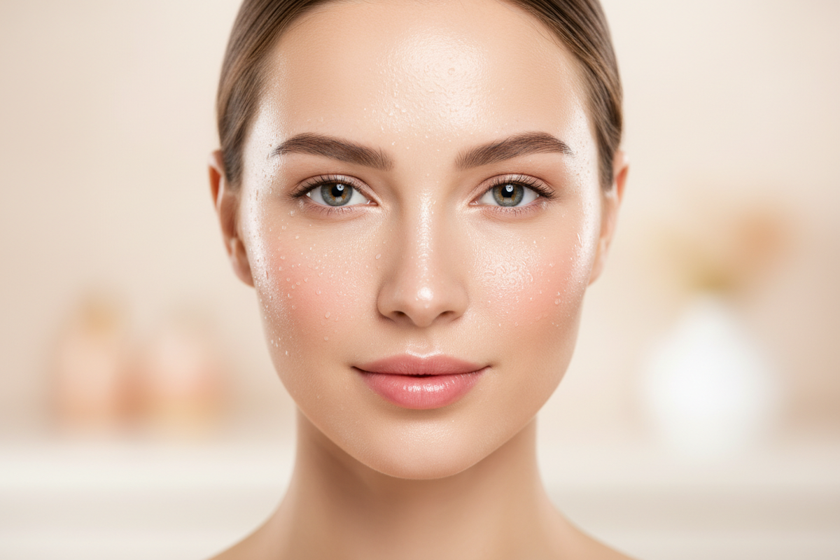 A woman’s face with glowing skin 